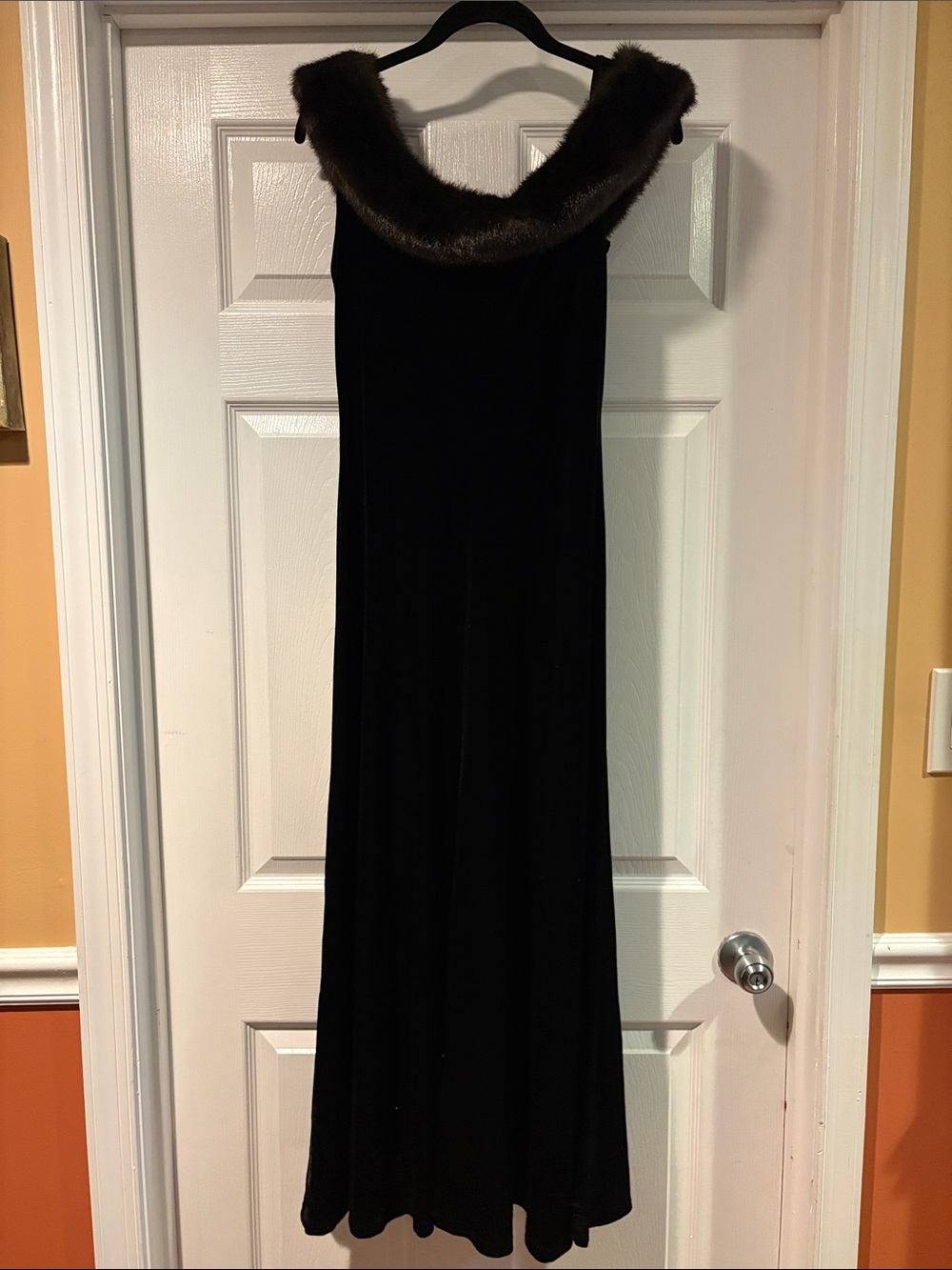 Black Velvet Maxi Dress with Faux Fur Collar